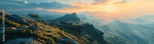 Golden Sunrise Over Rugged Mountains, Generative AI