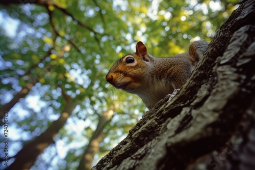 Squirrel in the forest on a tree. Closeup photo.