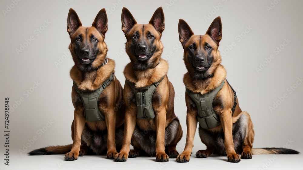 Perro pastor belga malinois, usando chaleco, sentados, sobre fondo blanco