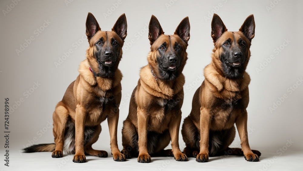 Tres perros pastor belga malinois, sentados, sobre fondo blanco