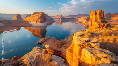 the serene waters of Arizona s Lake Powell  creating a picturesque desert oasis. 