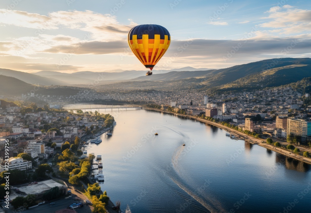 Hot Air Balloon Flying Over River