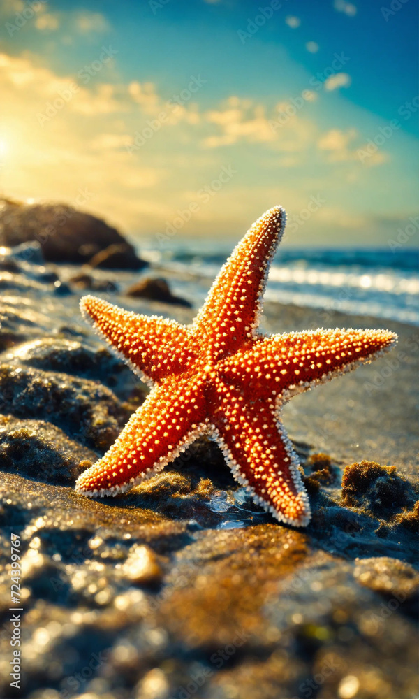 Starfish on the beach in the sea. selective focus. Generative AI, Starfish on the beach in the sea. selective focus. Generative AI,
