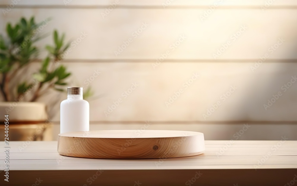 Organic natural eco concept. Empty wooden podium with plants on table over blurred bathroom background for product placement, shadows, soft sunlight. AI Generative.