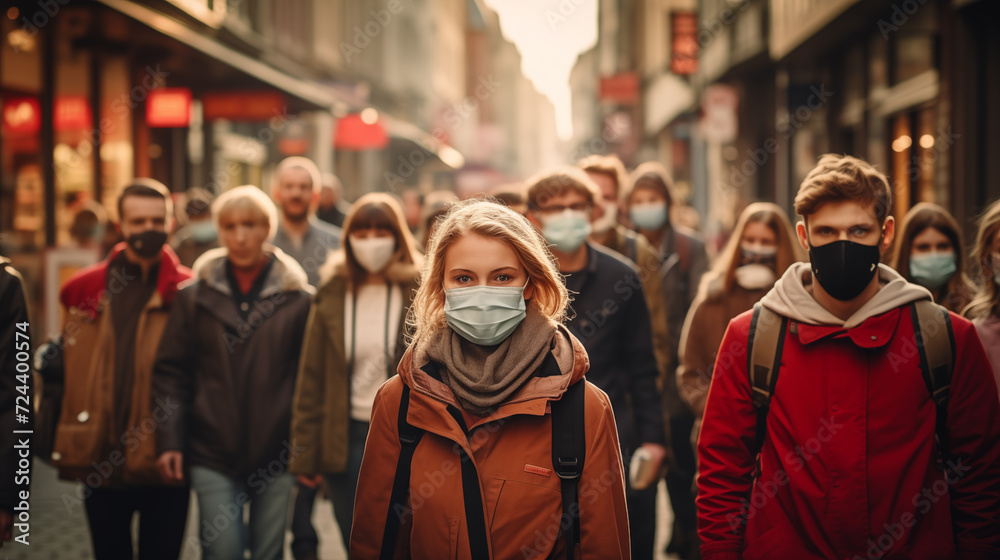 a bustling street in the Netherlands, with a prominent focus on a group of young individuals wearing face masks