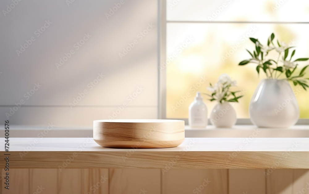 Organic natural eco concept. Empty wooden podium with plants on table over blurred bathroom background for product placement, shadows, soft sunlight. AI Generative.