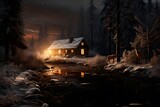 Winter night in the forest. A cottage on the bank of a mountain river.