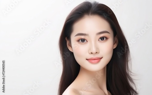 Asian women portrait. Beautiful young Asian woman with clean fresh skin isolated on white background. Face care, facial treatment, cosmetology, beauty and spa poster or banner. AI Generative.