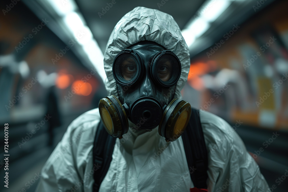 An unrecognizable man in chemical protection and a mask standing in the subway. Epidemic, pandemic concept An unrecognizable man in chemical protection and a mask standing in the subway. Epidemic, pandemic concept