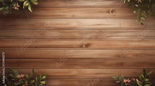 Wood texture background with copy space area. Wooden background with tropical plant ornaments, suitable for natural or summer themes.