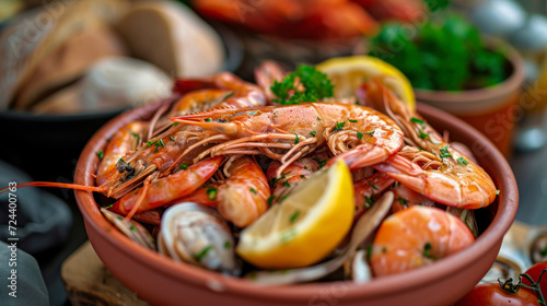Seafood Delight, Bowl of Shrimp and Mussels on Table