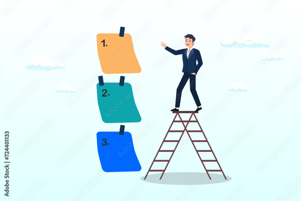 Young entrepreneur businessman manage to prioritize sticky note with number first, second and third, set work priority, arrange to do list which job to do before and after, task management (Vector) Young entrepreneur businessman manage to prioritize sticky note with number first, second and third, set work priority, arrange to do list which job to do before and after, task management (Vector)