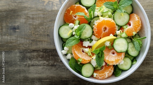 Green salad with cucumber slices and mandarin segments in a decorative bowl.