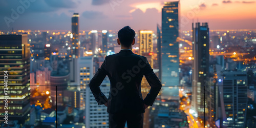 Businessman standing cool on the rooftop of a building with a bright city, success concept in business