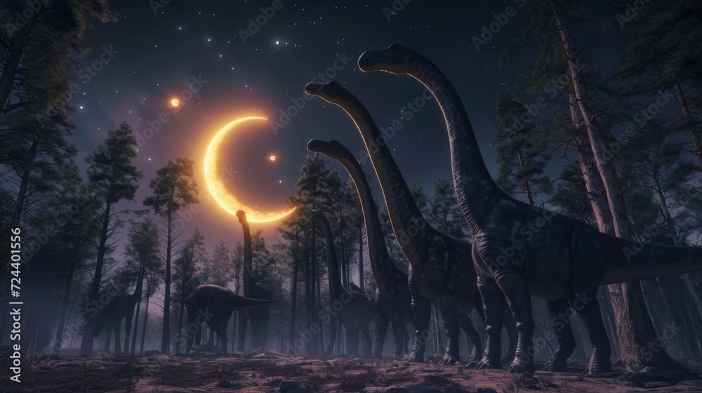 A group of sauropods stand majestically in a clearing their long necks craning upwards to take in the surreal sight of a lunar eclipse.