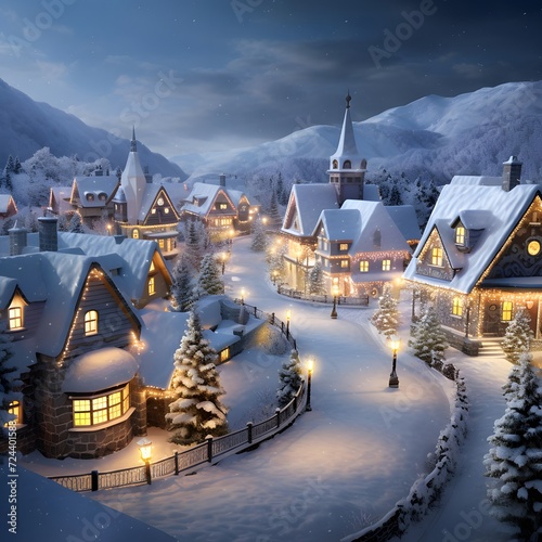 A small village in the mountains at night. Christmas and New Year concept. © Iman