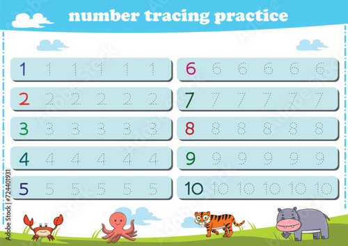 Writing practice for kindgarten kids. Number tracing worksheet with wildlife animals. Vector illustration