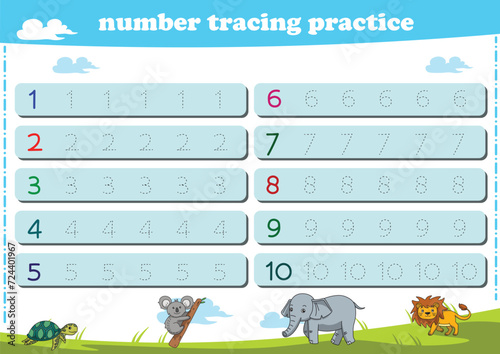 Writing practice for kindgarten kids. Number tracing worksheet with wildlife animals. Vector illustration