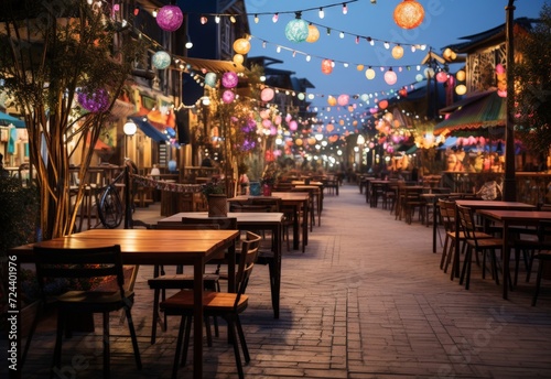 Illuminated Street With Tables and Chairs