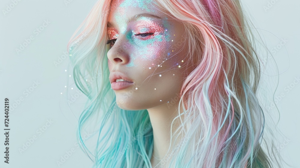 Beauty portrait of a young woman with pastel pink and blue hair, glitter fluorescent makeup on her face