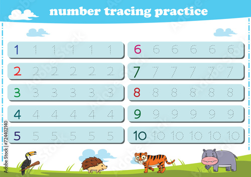 Writing practice for kindgarten kids. Number tracing worksheet with wildlife animals. Vector illustration