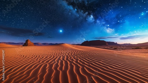 The Milky Way illuminates the night sky over red sand dunes in a tranquil desert landscape.