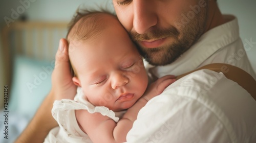 A tender moment as a father cradles his sleeping baby on his shoulder, happy father's day concept. lifestyle parenting fatherhood moment