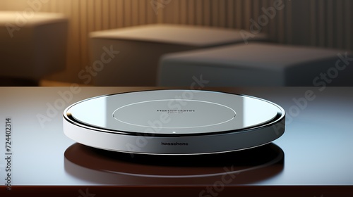 A high-end wireless charger positioned on an empty white surface.