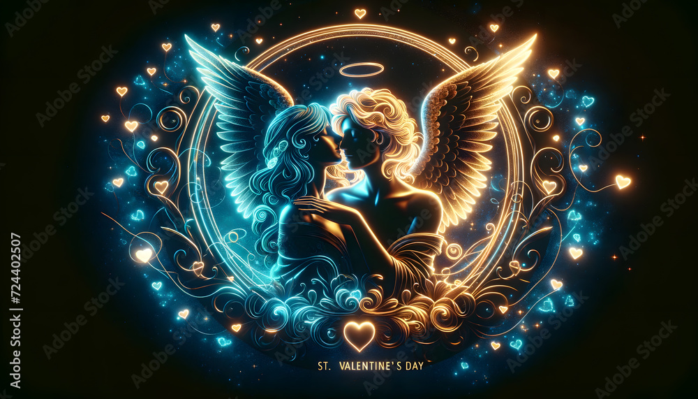 Fototapeta premium Two angels with hearts and wings. Angelcore style illustration, Happy St. Valentine's Day greeting card