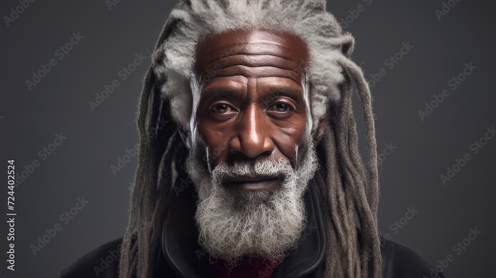 Handsome elderly black African American man with long dreadlocked hair, on a gray background, banner.