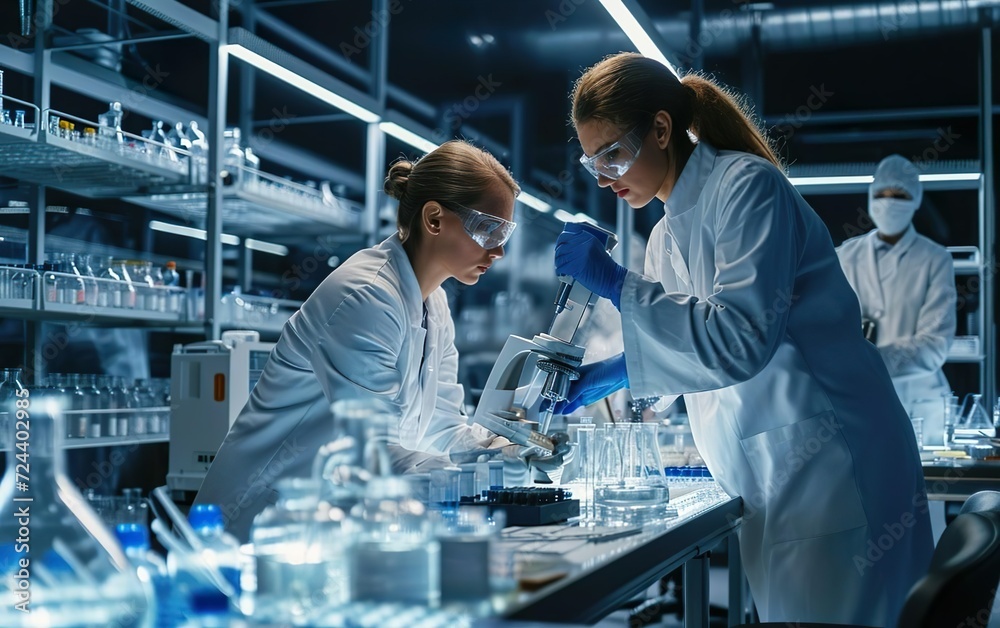 Science banner. Pretty female scientists in white uniform working with microscope in laboratory, cloning genes. Biotechnology concept. Genetic engineering, synthetic biology poster. AI Generative. Science banner. Pretty female scientists in white uniform working with microscope in laboratory, cloning genes. Biotechnology concept. Genetic engineering, synthetic biology poster. AI Generative.