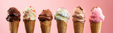 Row of delicious and colorful ice creams in cones. Banner of ice cream scoops of various flavors on pink, peach or salmon background. Generative AI.	