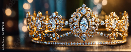Beautiful silver tiara with diamonds on black background. selective focus. Generative AI, photo