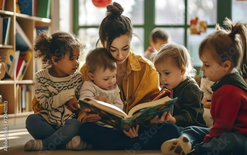 Happy sunny daycare poster. Story time in a kindergarten, toddlers sitting on the floor and reading a book with their nanny teacher. Morning circle. Happy childhood poster. AI Generative.