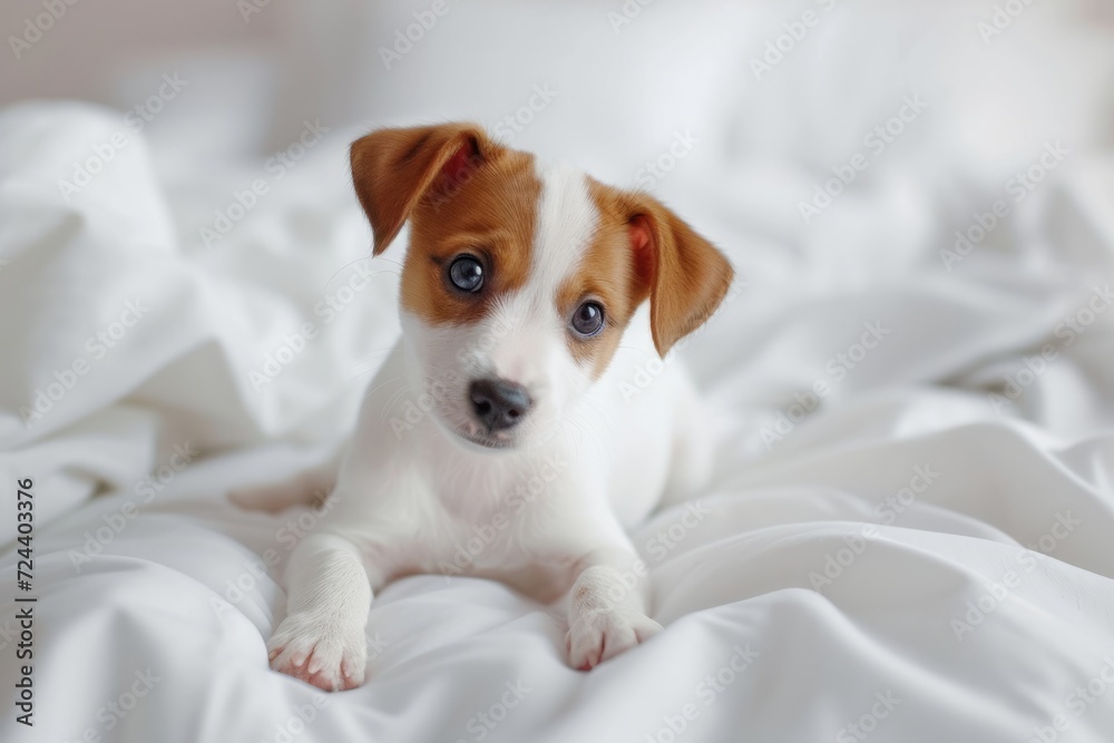 Tiny Jack Russel terrier puppy on the white bed close up. Dog pet Tiny Jack Russel terrier puppy on the white bed close up. Dog pet