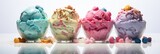 Row of  delicious, creamy and colorful ice creams in glass bowls. Banner of multicolor ice cream scoops of various flavors with candies and gummies around, on white background. Generative AI.