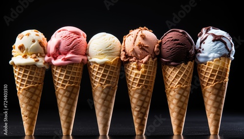 Row of delicious and colorful ice creams in cones. Ice cream scoops of various flavors on dark background. Generative AI.