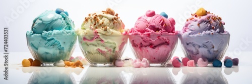 Row of  delicious, creamy and colorful ice creams in glass bowls. Banner of multicolor ice cream scoops of various flavors with candies and gummies around, on white background. Generative AI. photo