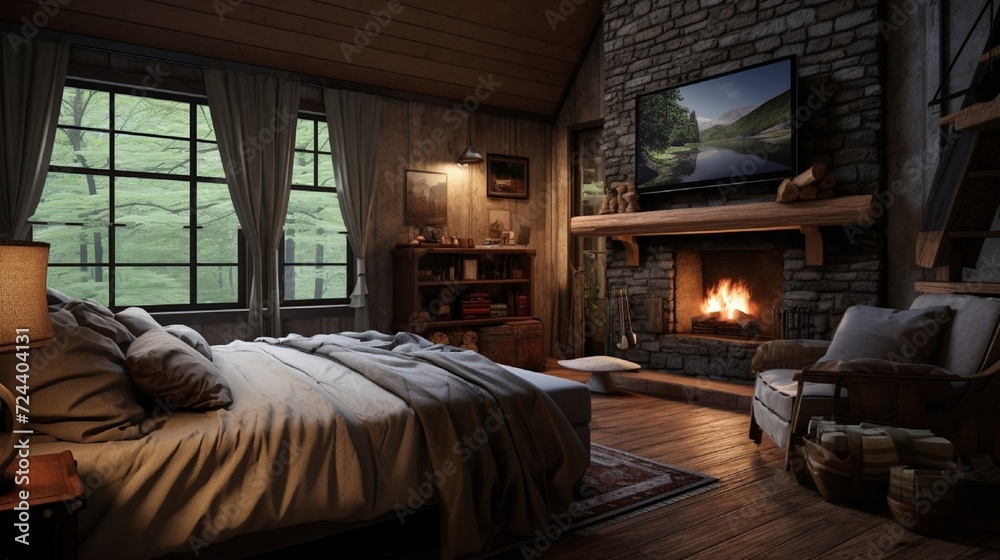 traditional furnished cottage bedroom with wall mounted television and metal frame bed