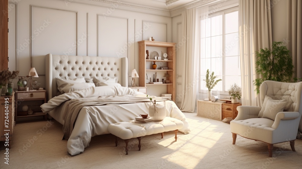 Unfinished project draft of vintage classic bedroom with soft bed full of pillows and blankets, white molded wall, wooden side chairs, elegant interior design, 3d illustration