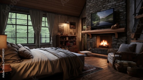 traditional furnished cottage bedroom with wall mounted television and metal frame bed