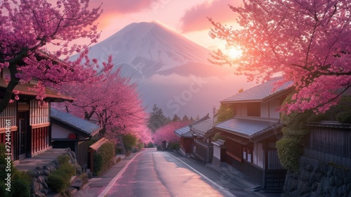  countryside road with blooming cherry blossoms pass through traditional Japanese village at countryside of Japan at Mount Fuji area. photo