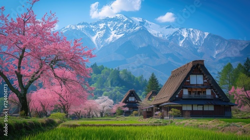 blooming pink cherry blossom trees and traditional japanese house style at countryside of Japan. photo