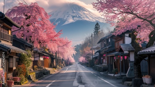  countryside road with blooming cherry blossoms pass through traditional Japanese village at countryside of Japan at Mount Fuji area. photo