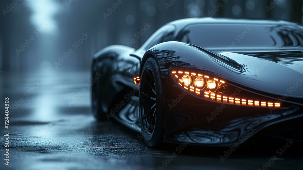 Racing sports car on neon highway. Powerful acceleration of a supercar on a night track with colorful lights and tracks. Blur at high speed. The light trail from the headlights.