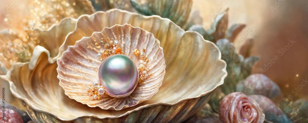 Natural pearls inside a shell. selective focus. Generative AI, Natural pearls inside a shell. selective focus. Generative AI,