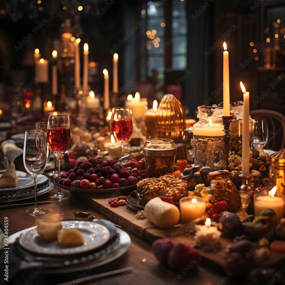 Christmas table decoration with candles, candlesticks, fruits and nuts