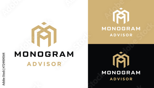 Golden Initial Letter MA AM with Modern Hexagon Line Art Logo Design