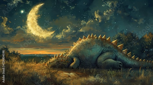 A sleepy Stegosaurus snoozes under the glow of a crescent moon its spiky tail curled protectively around its body.