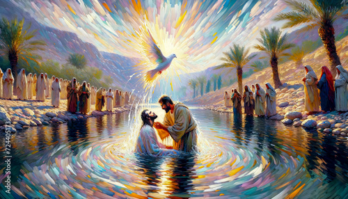 Jesus Emerges from the Water: The Baptism of Jesus Christ by John the Baptist and with the Holy Spirit in the form of a Dove in the Jordan River.
